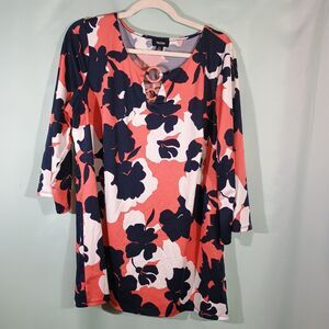 Women's Floral Blouse Coral Navy White 3/4 Sleeve Keyhole Ring Detail Tunic Top
